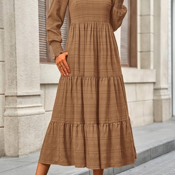 Women's Fall Dresses 2025 Puff Long Sleeve Square Neck Dress High Waist Smocked - Picture 2 of 9